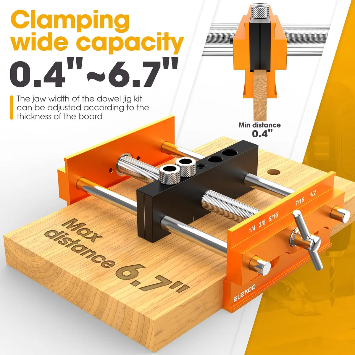 blekoo Upgraded Self Centering Doweling Jig Kit with 6 Drill Guide Bushings, 6.7 inch Adjustable Width Drilling Guide | Orange - view 2