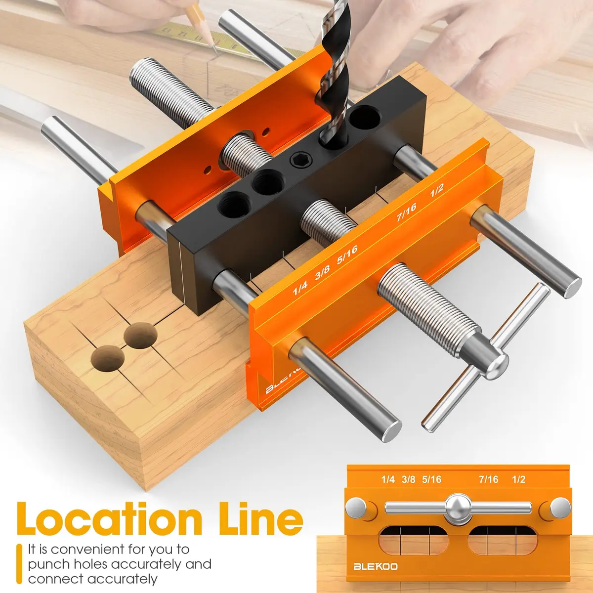 blekoo Upgraded Self Centering Doweling Jig Kit with 6 Drill Guide Bushings, 6.7 inch Adjustable Width Drilling Guide | Orange - view 3