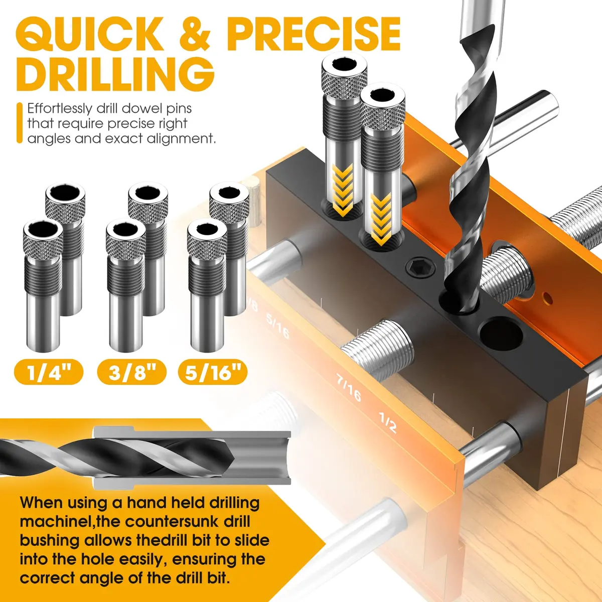 blekoo Upgraded Self Centering Doweling Jig Kit with 6 Drill Guide Bushings, 6.7 inch Adjustable Width Drilling Guide | Orange - view 4