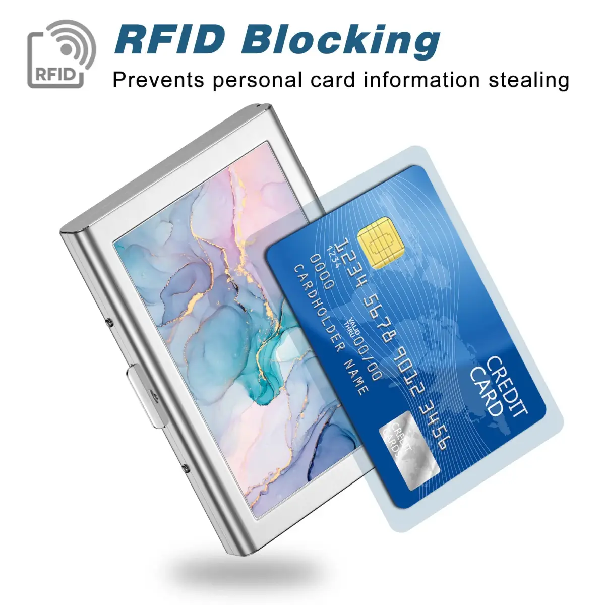 Rimilak Metal Credit Card Holder Mini Wallet Purple Gold Marble | RFID Blocking Slim Card Case for Women - view 2