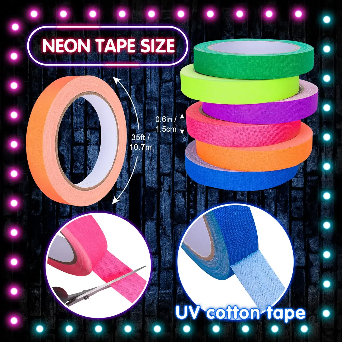 Whaline Neon Gaffer Cloth Tape 0.6 inch | UV Fluorescent Rainbow Colors for UV Party (35 ft) - view 2