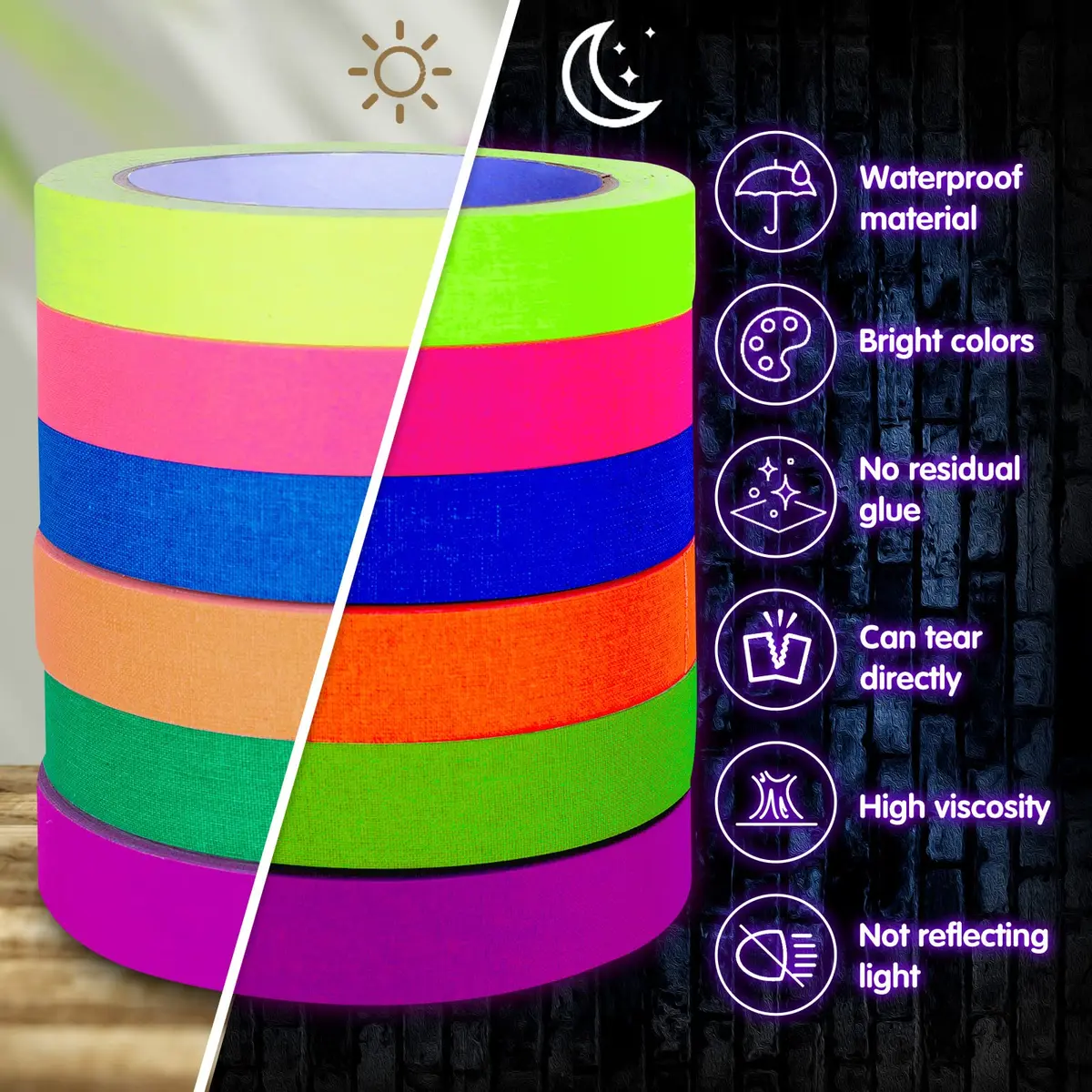 Whaline Neon Gaffer Cloth Tape 0.6 inch | UV Fluorescent Rainbow Colors for UV Party (35 ft) - view 3