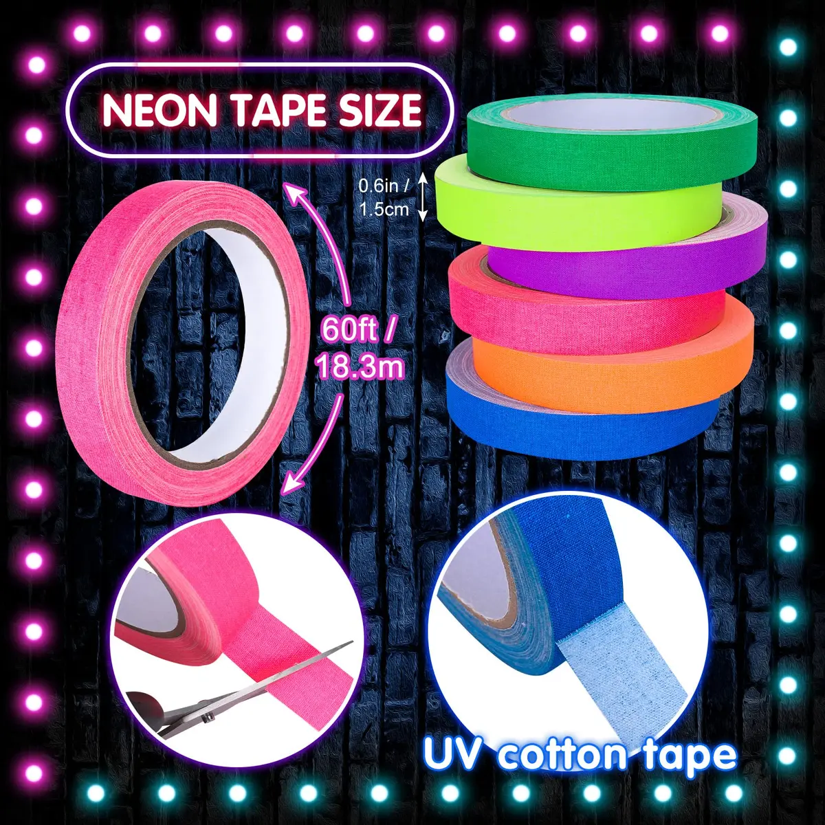 Whaline Neon Gaffer Cloth Tape 6 Colors, 15mm x 18m (0.6 inch x 60 ft) | Glows Under UV Blacklight for Parties - view 2