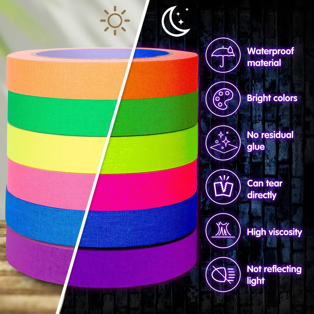 Whaline Neon Gaffer Cloth Tape 6 Colors, 15mm x 18m (0.6 inch x 60 ft) | Glows Under UV Blacklight for Parties - view 3