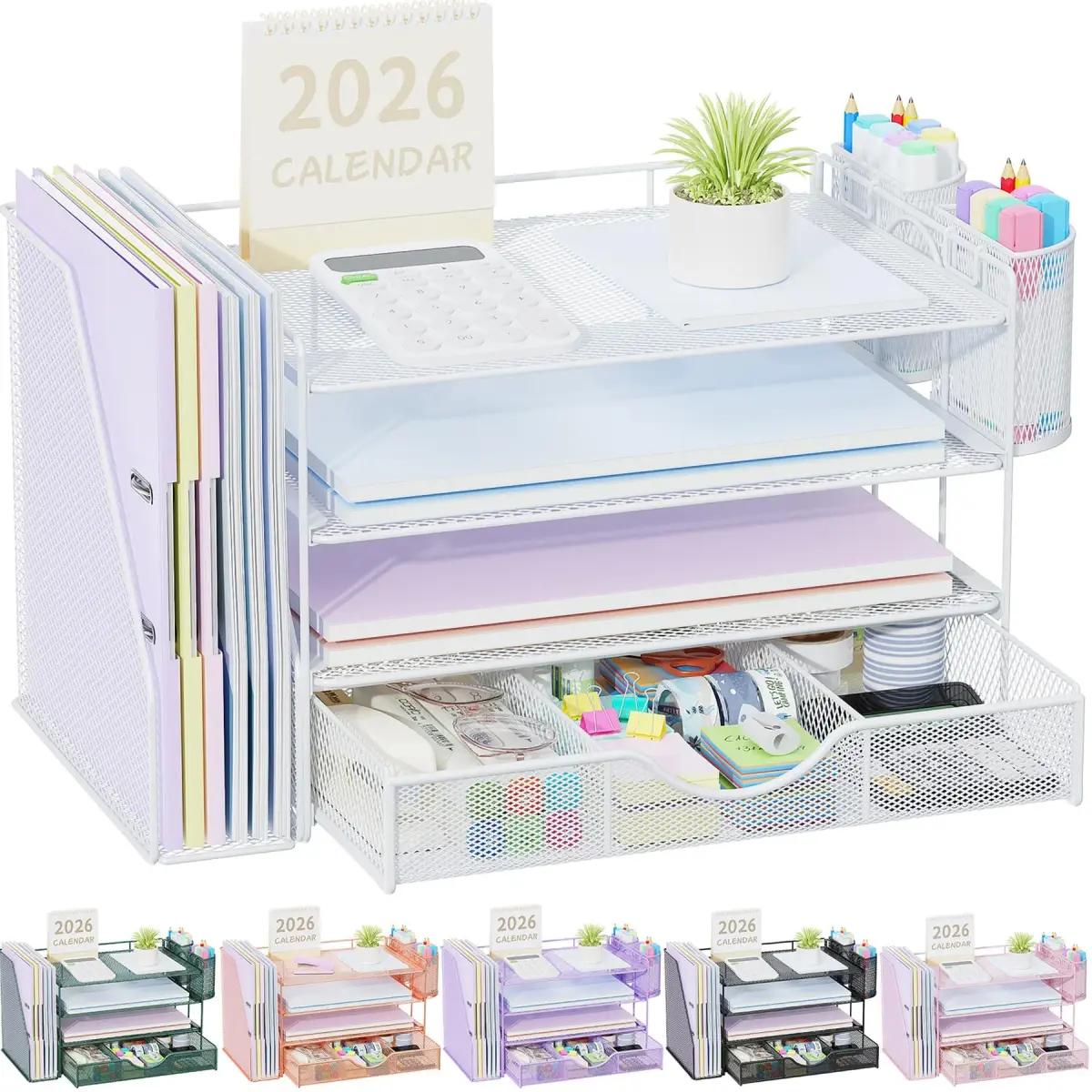 gianotter 4-Tier Desk Organizer with Drawer & File Holder, White | Modern Metal Mesh Workspace Organizer - main product image
