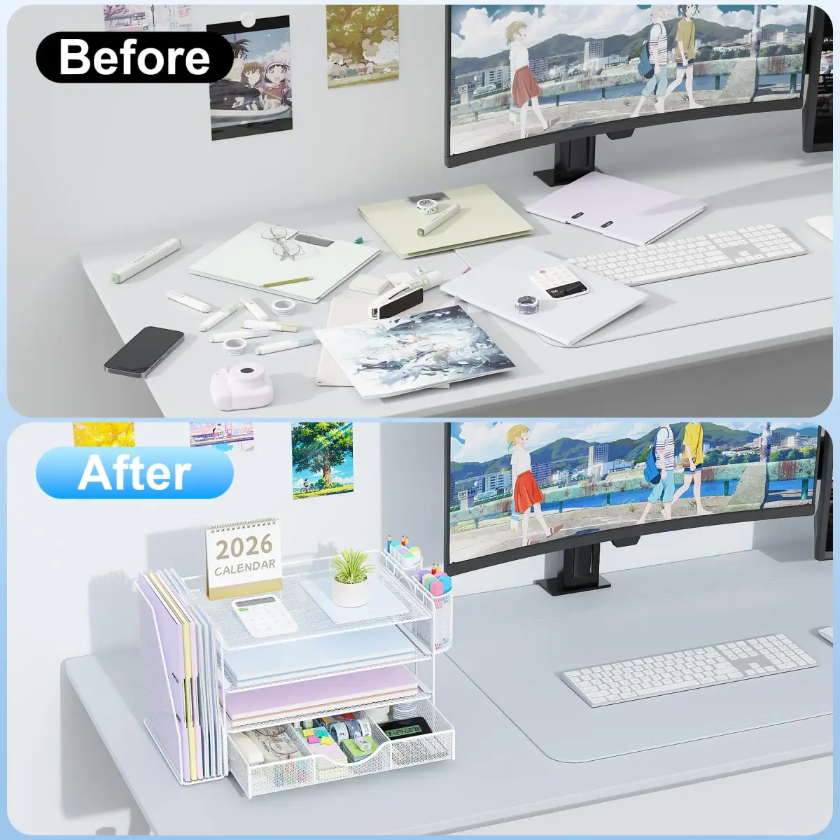 gianotter 4-Tier Desk Organizer with Drawer & File Holder, White | Modern Metal Mesh Workspace Organizer - view 2