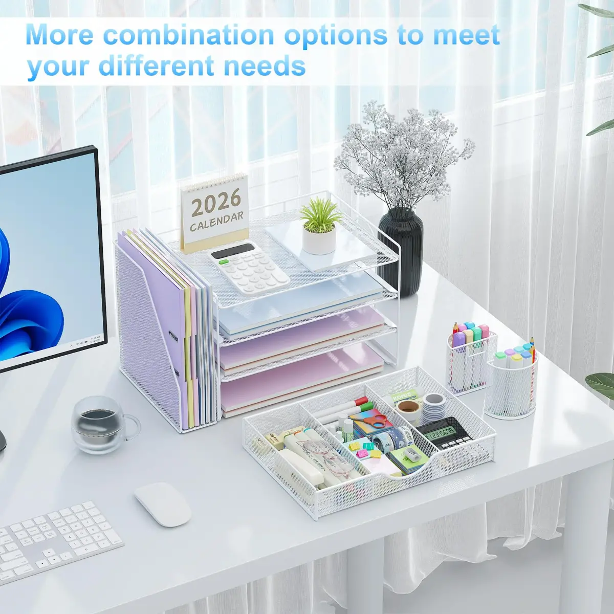 gianotter 4-Tier Desk Organizer with Drawer & File Holder, White | Modern Metal Mesh Workspace Organizer - view 3