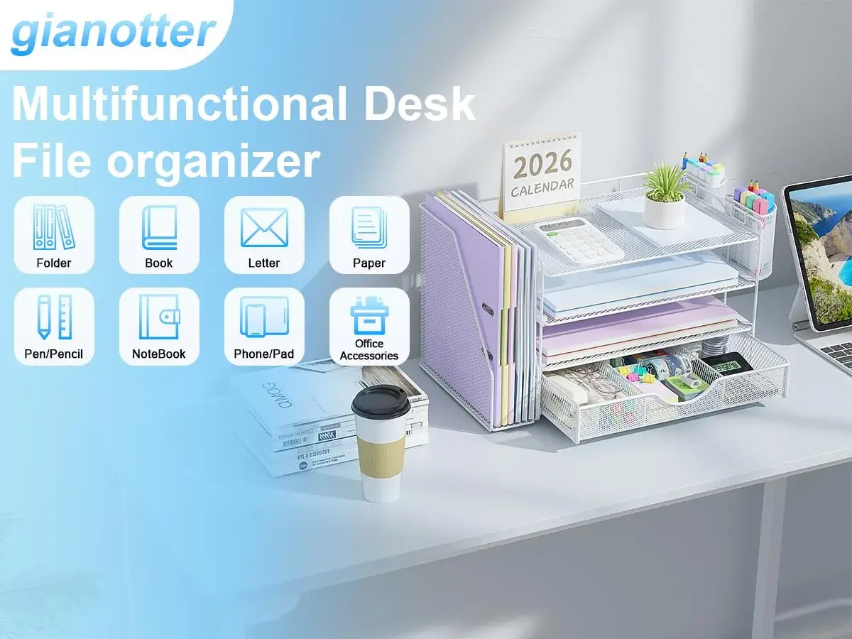 gianotter 4-Tier Desk Organizer with Drawer & File Holder, White | Modern Metal Mesh Workspace Organizer - view 4