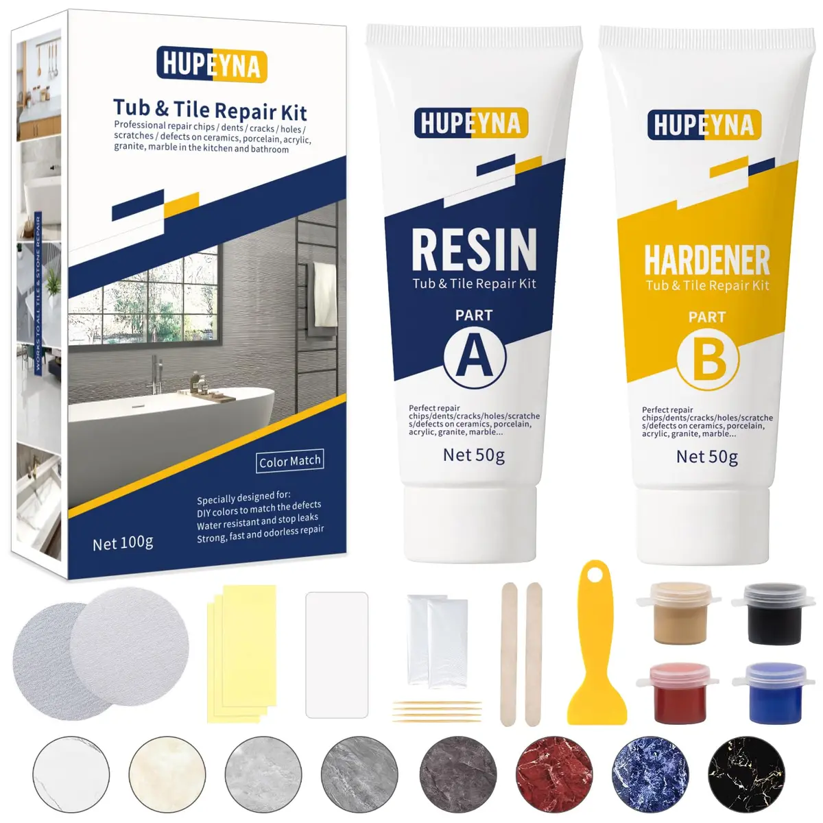 Hupeyna Tub, Tile & Shower Repair Kit (Color Match) | Porcelain & Fiberglass Restoration (100-120c) - main product image