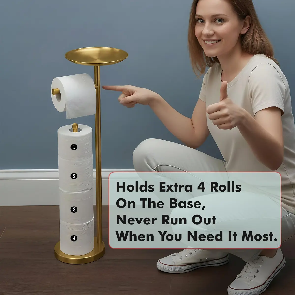 Sfemn Freestanding Toilet Paper Holder with Shelf, Gold Finish | 26-inch Tall, Extra 4 Rolls Storage - view 4