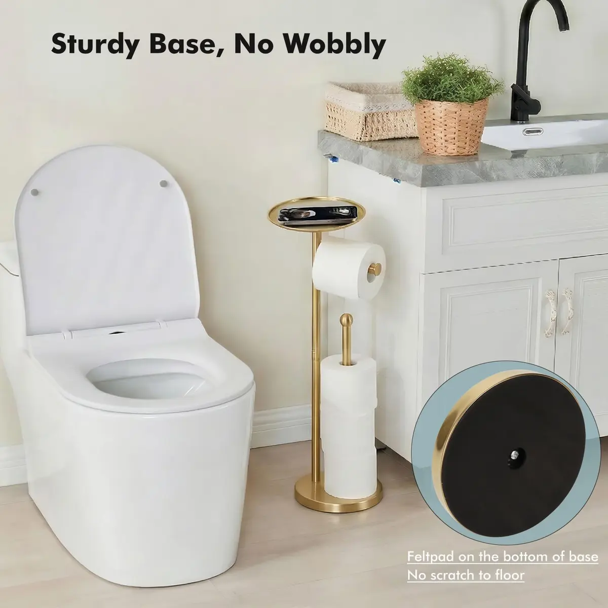 Sfemn Freestanding Toilet Paper Holder with Shelf, Gold Finish | 26-inch Tall, Extra 4 Rolls Storage - view 5
