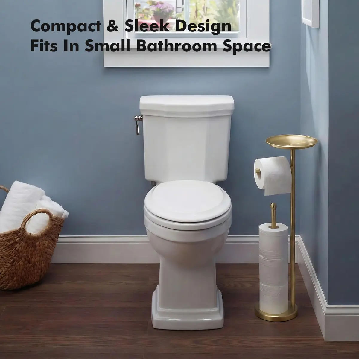 Sfemn Freestanding Toilet Paper Holder with Shelf, Gold Finish | 26-inch Tall, Extra 4 Rolls Storage - view 6