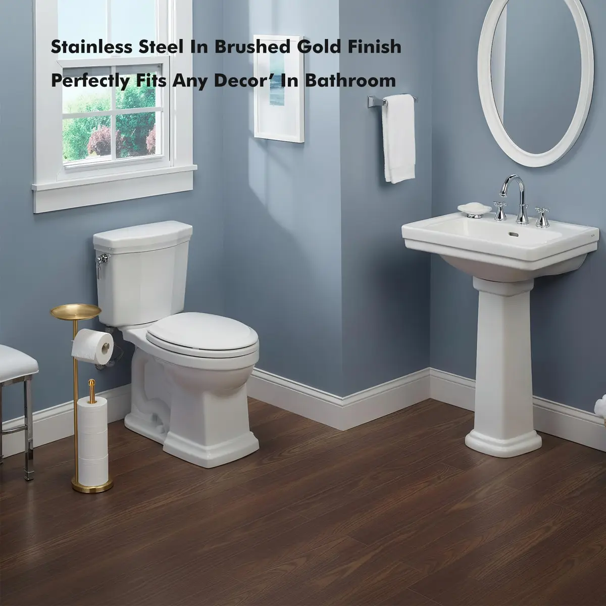 Sfemn Freestanding Toilet Paper Holder with Shelf, Gold Finish | 26-inch Tall, Extra 4 Rolls Storage - view 7