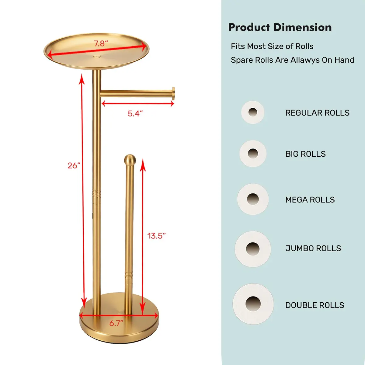 Sfemn Freestanding Toilet Paper Holder with Shelf, Gold Finish | 26-inch Tall, Extra 4 Rolls Storage - view 9