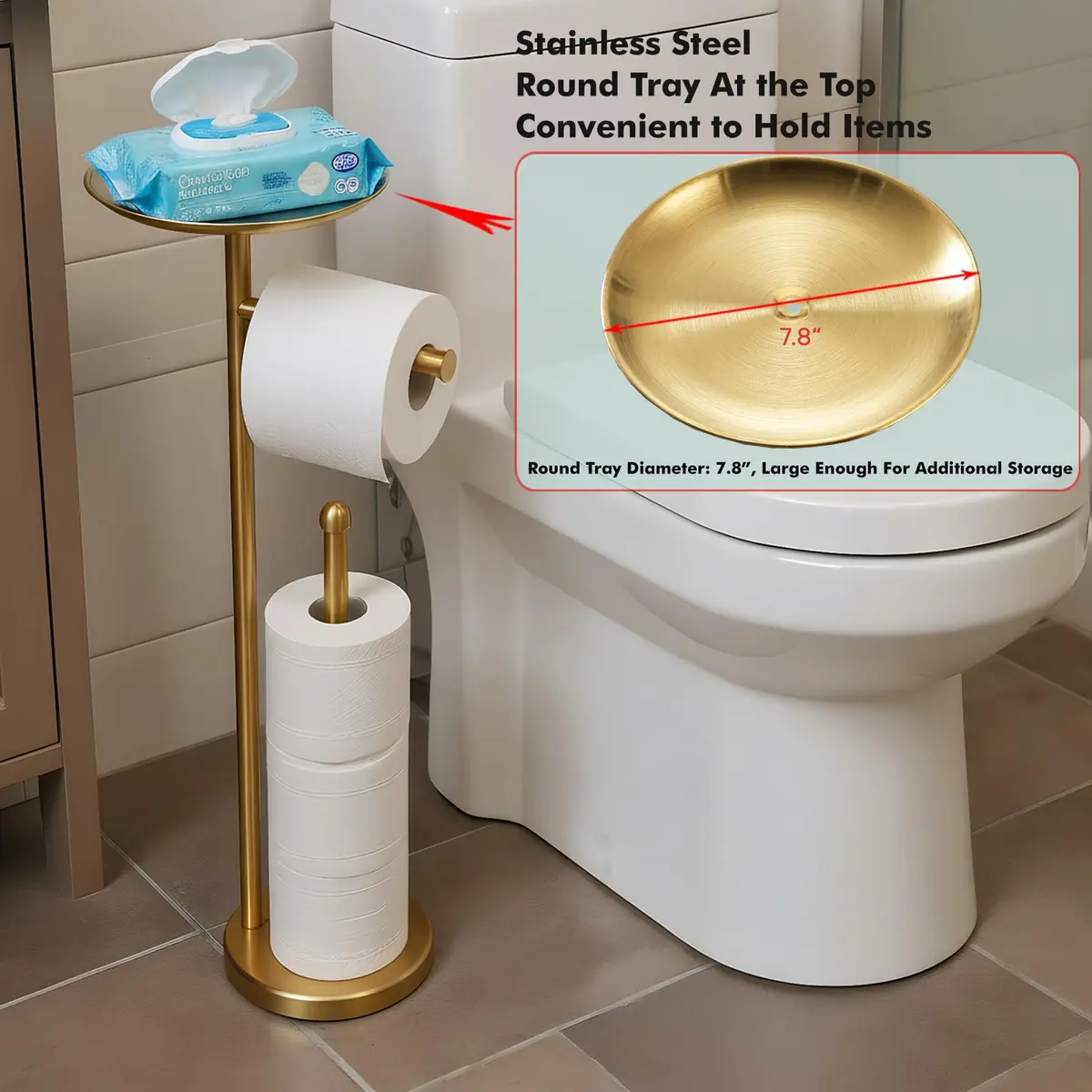 Sfemn Freestanding Toilet Paper Holder with Shelf, Gold Finish | 26-inch Tall, Extra 4 Rolls Storage - view 2