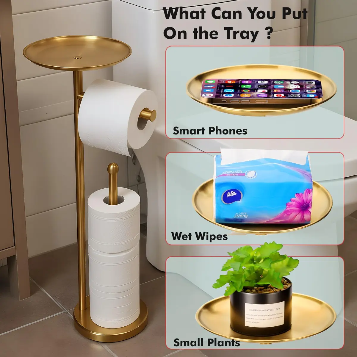 Sfemn Freestanding Toilet Paper Holder with Shelf, Gold Finish | 26-inch Tall, Extra 4 Rolls Storage - view 3