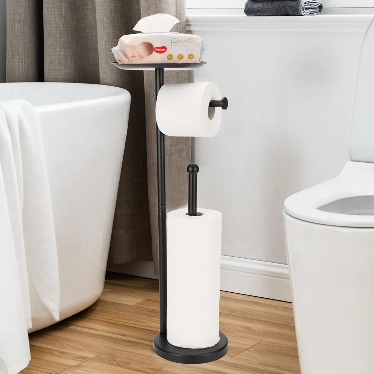 Sfemn Black Toilet Paper Holder Stand, Freestanding with Shelf & Storage, 26-inch - main product image