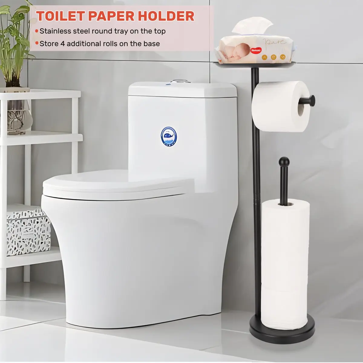 Sfemn Black Toilet Paper Holder Stand, Freestanding with Shelf & Storage, 26-inch - view 5