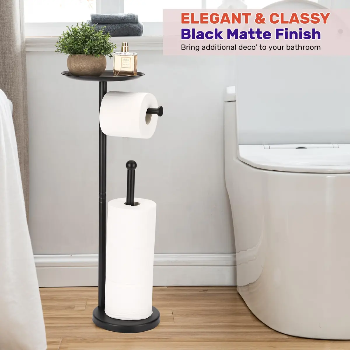 Sfemn Black Toilet Paper Holder Stand, Freestanding with Shelf & Storage, 26-inch - view 6