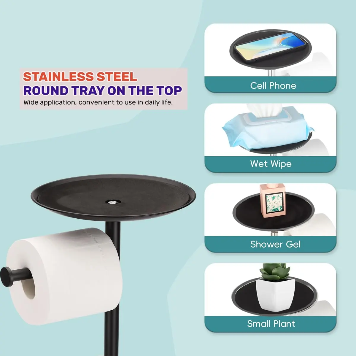 Sfemn Black Toilet Paper Holder Stand, Freestanding with Shelf & Storage, 26-inch - view 3