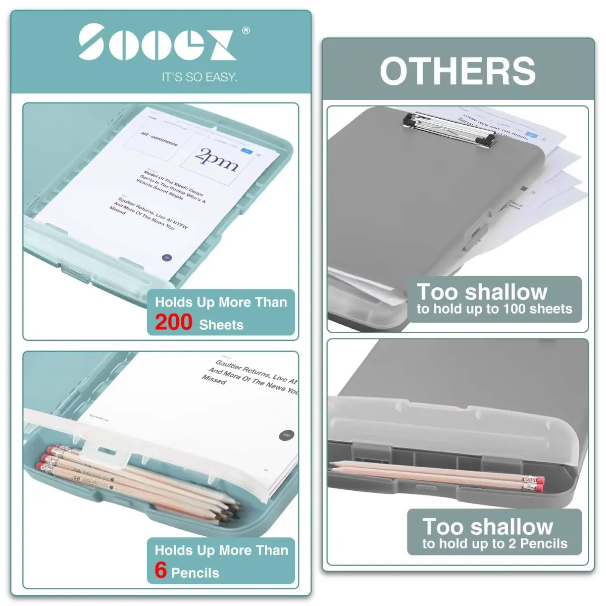 Sooez High Capacity Storage Clipboard 8.5x11 with Pen Holder | Durable Polypropylene for Students & Professionals - view 3