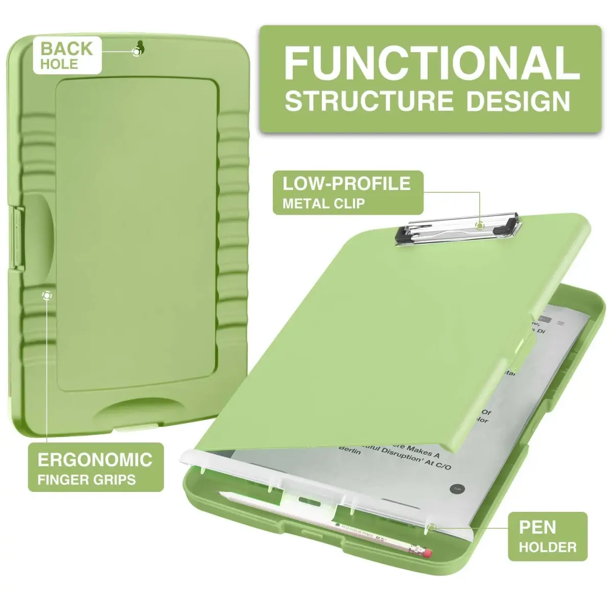 Sooez Storage Clipboard with Pen Holder, Sea Foam Green 8.5x11 | High Capacity for Students & Professionals - view 2