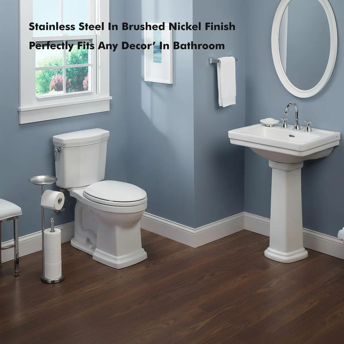Sfemn Freestanding Toilet Paper Holder with Shelf, Brushed Nickel | 26-inch Tall, Extra 4 Rolls Storage - view 7