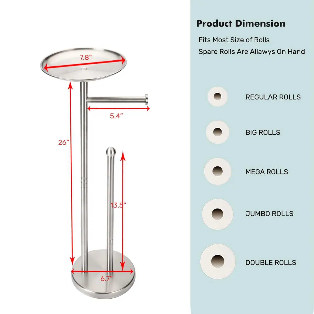 Sfemn Freestanding Toilet Paper Holder with Shelf, Brushed Nickel | 26-inch Tall, Extra 4 Rolls Storage - view 9