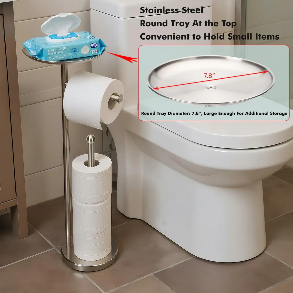 Sfemn Freestanding Toilet Paper Holder with Shelf, Brushed Nickel | 26-inch Tall, Extra 4 Rolls Storage - view 2