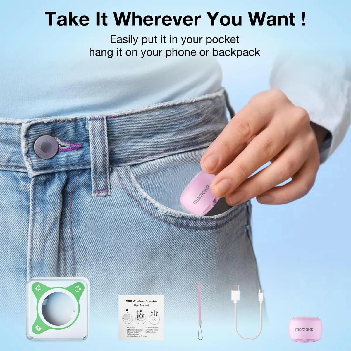 MOMOHO Mini Bluetooth Speaker Wireless, Tiny Speaker with Built-in Mic & TWS Pairing, Pink - view 5