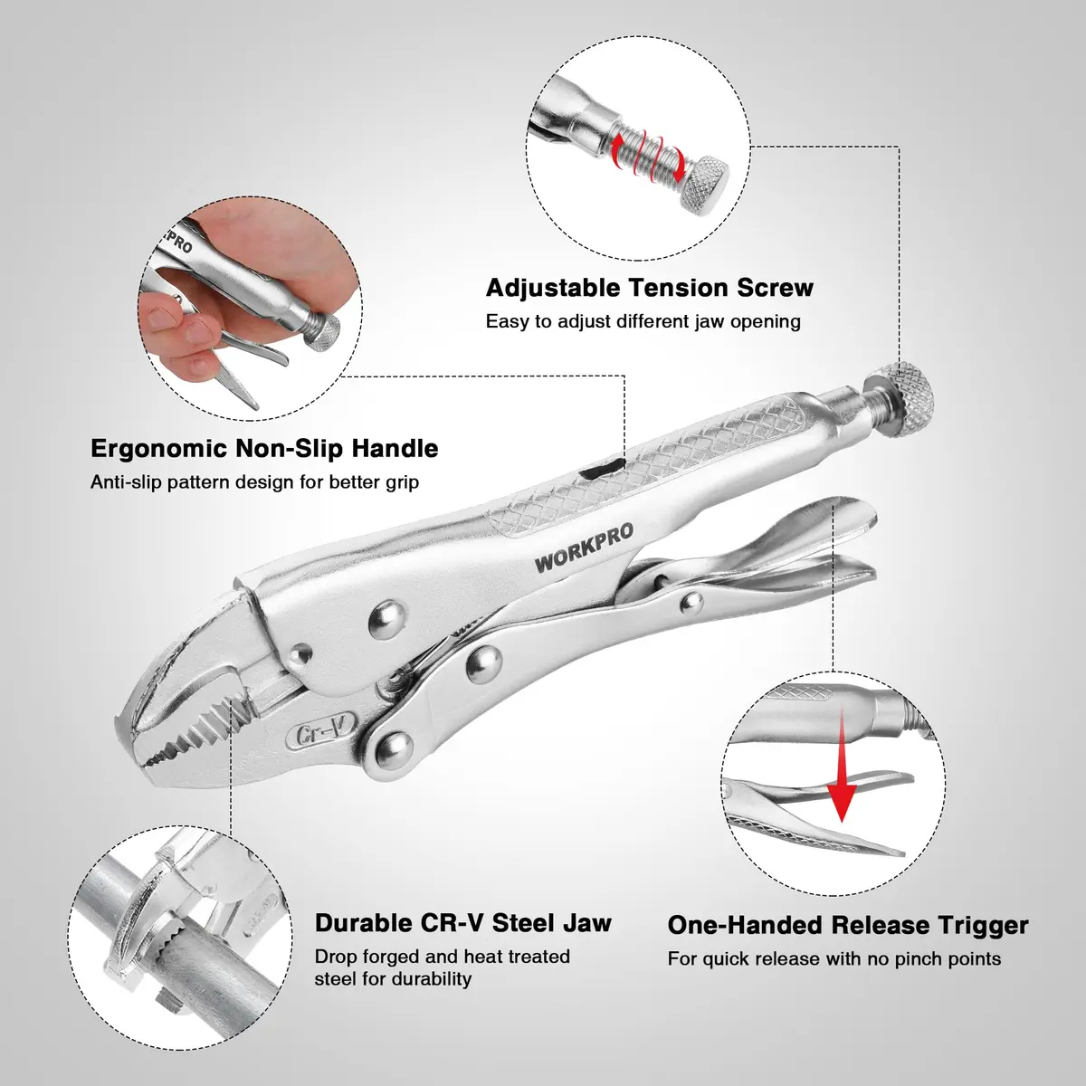 WORKPRO 7-inch Curved Jaw Locking Pliers with Wire Cutter | Heat-Treated Chrome Vanadium Steel - view 3