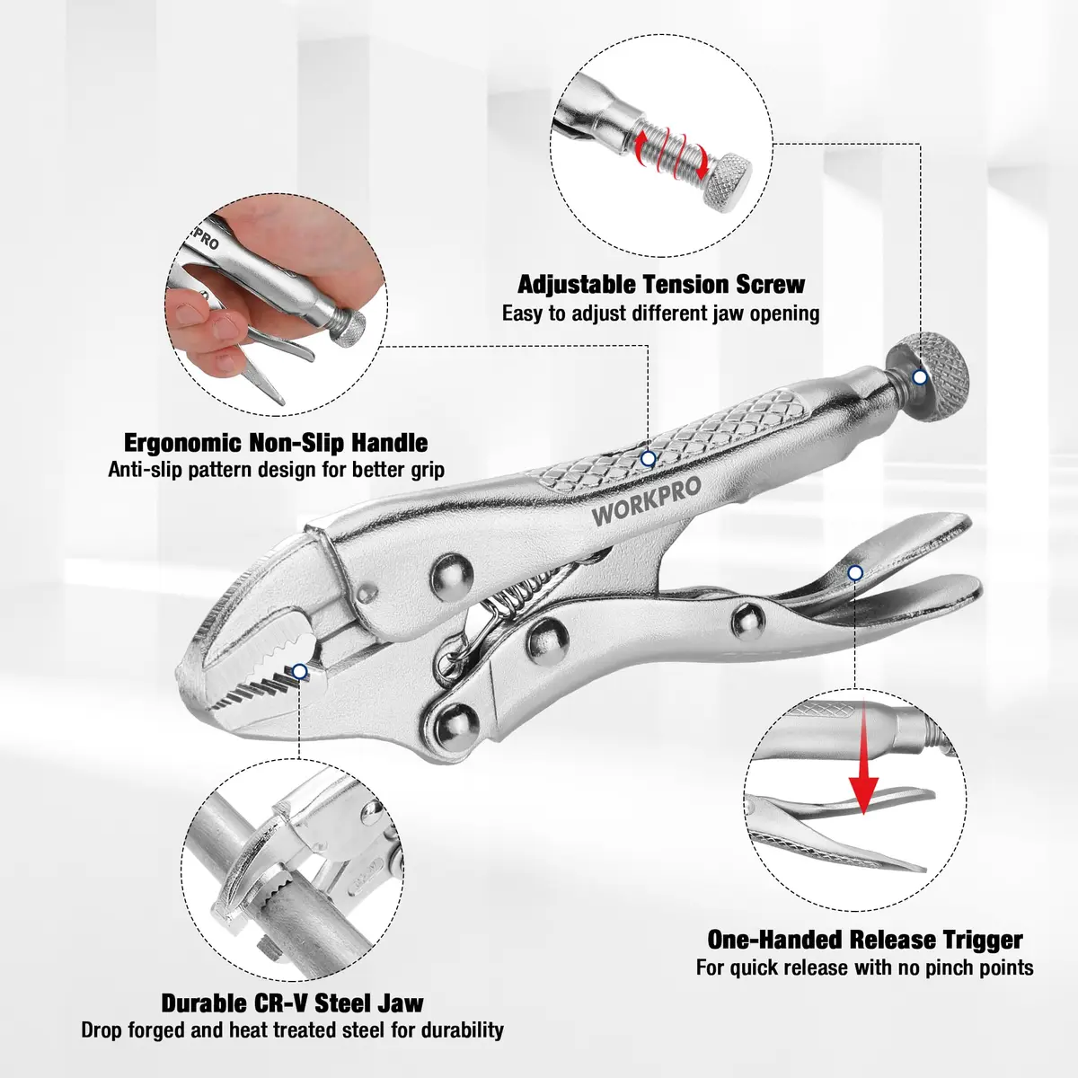 WORKPRO Locking Pliers, 4-inch Mini Curved Jaw | Durable Chrome Vanadium Steel Grip - view 3