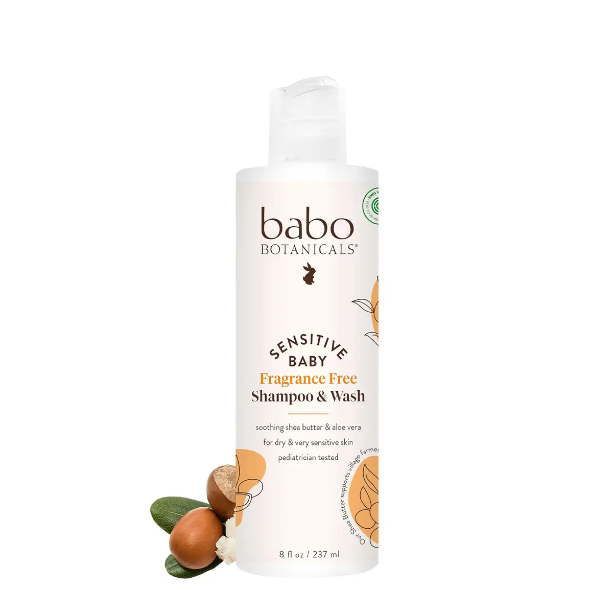 Babo Botanicals Sensitive Baby 2-in-1 Shampoo & Wash 8 Fl Oz | Fragrance-Free, Shea & Calendula for Delicate Skin - main product image