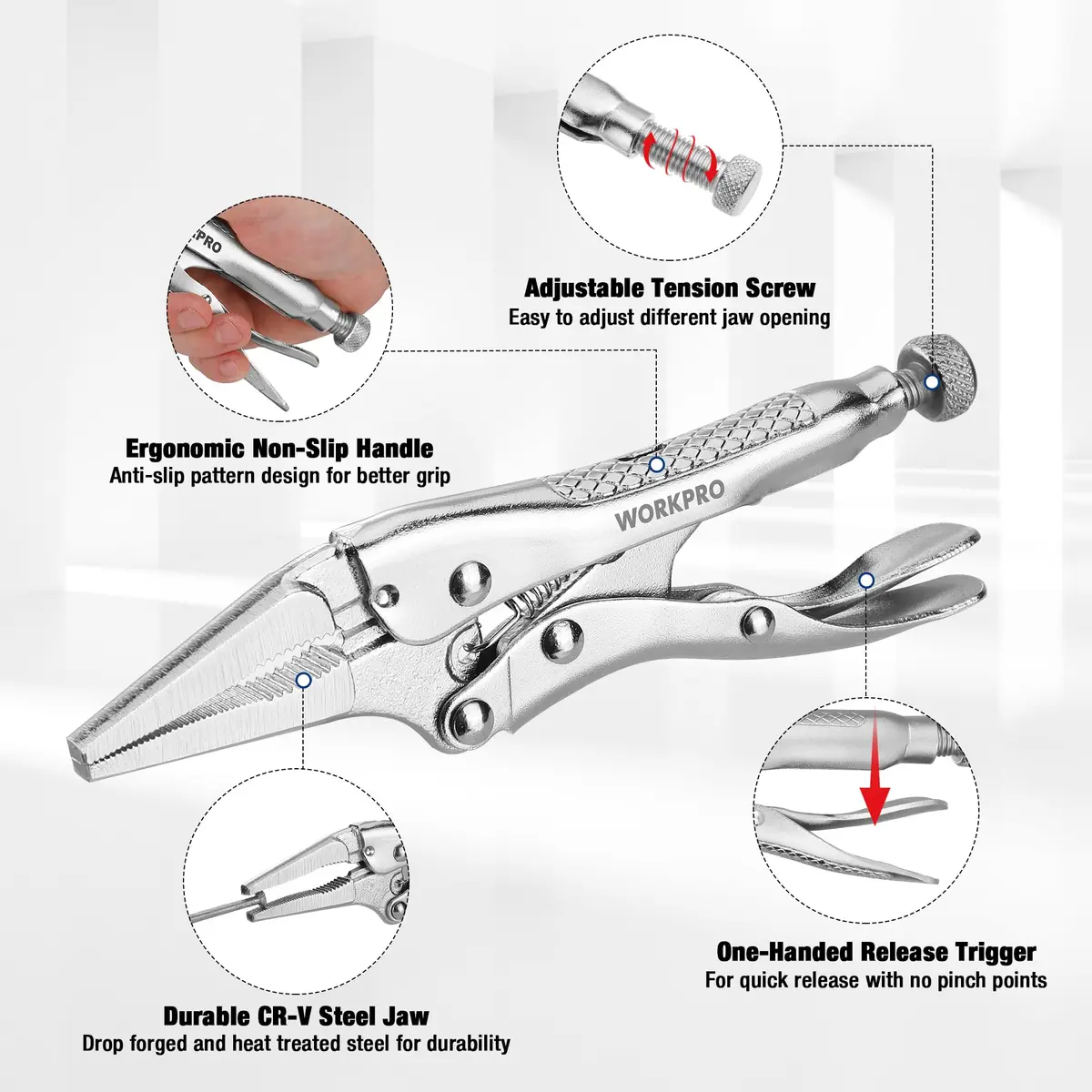 WORKPRO 4-1/2 inch Mini Long Nose Locking Pliers | Heat-Treated Chrome Vanadium Steel - view 3