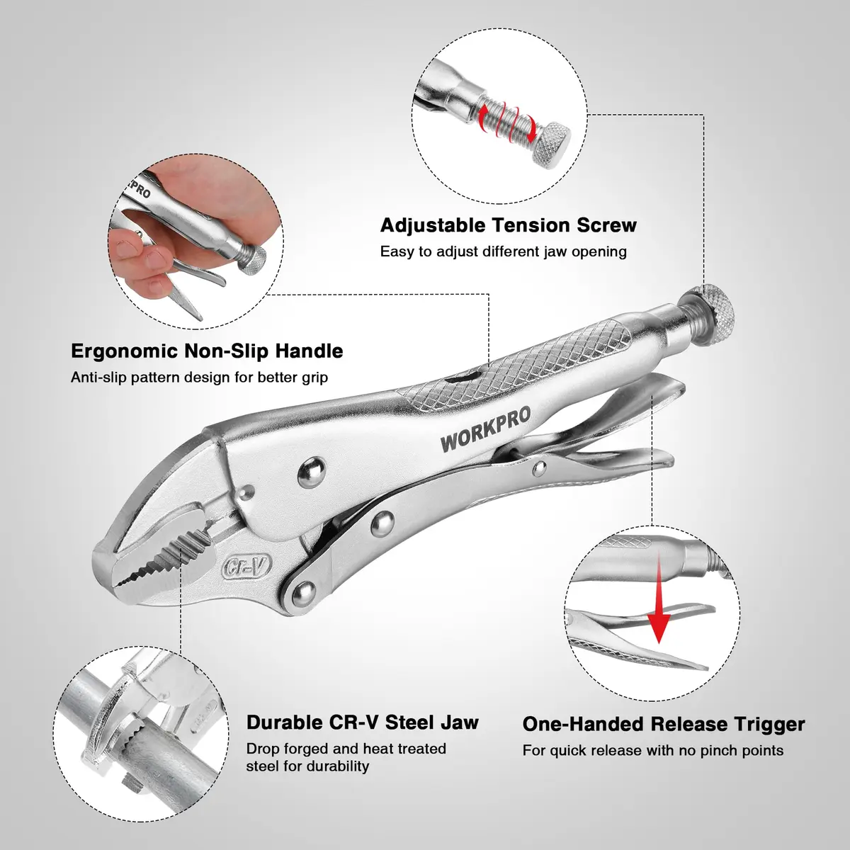WORKPRO 10-inch Curved Jaw Locking Pliers with Wire Cutter | Heat-Treated Chrome Vanadium Steel - view 3