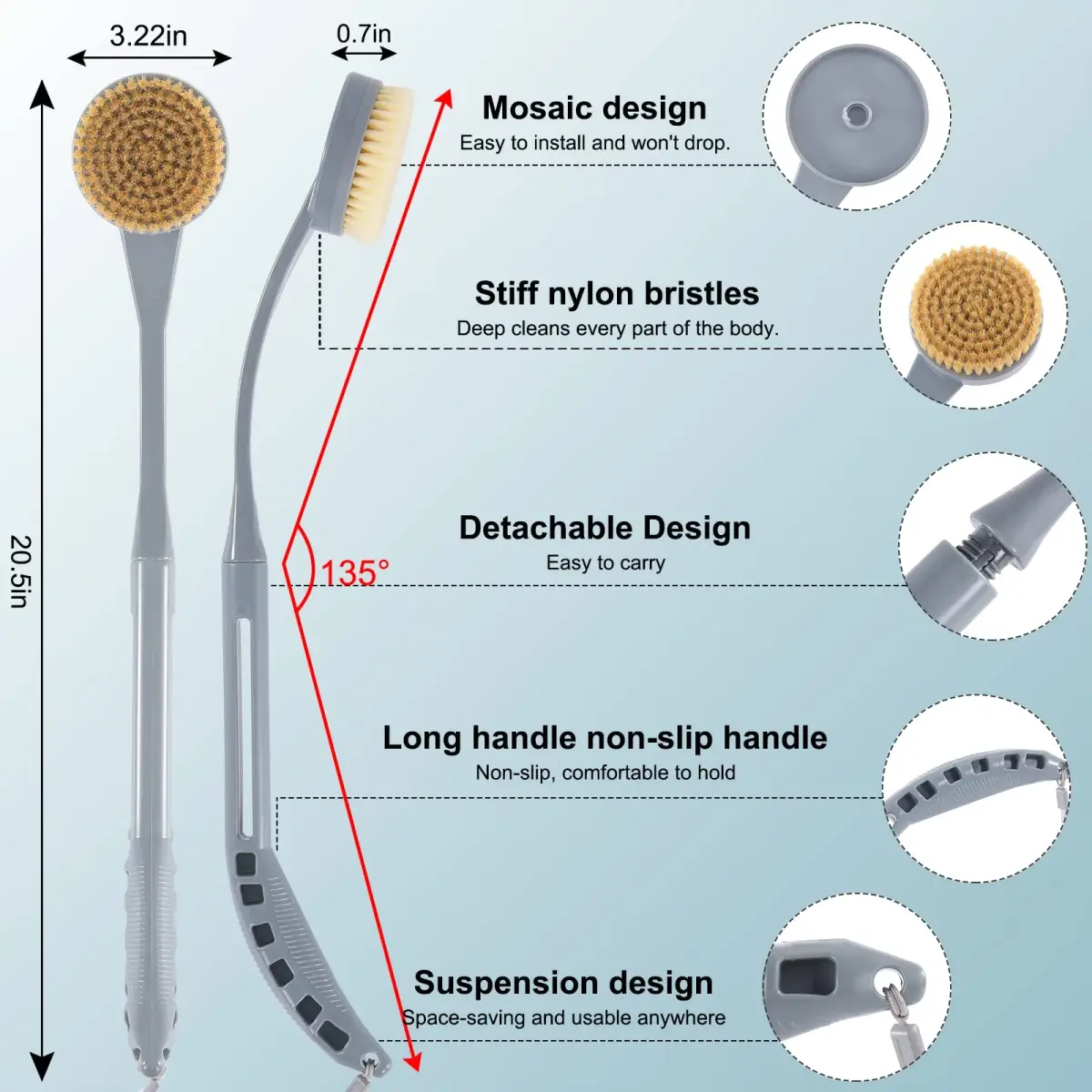 BTideas Long Handle Back Brush 52 cm (20.5") | Natural Stiff Bristles for Exfoliation & Improved Skin Health - view 2