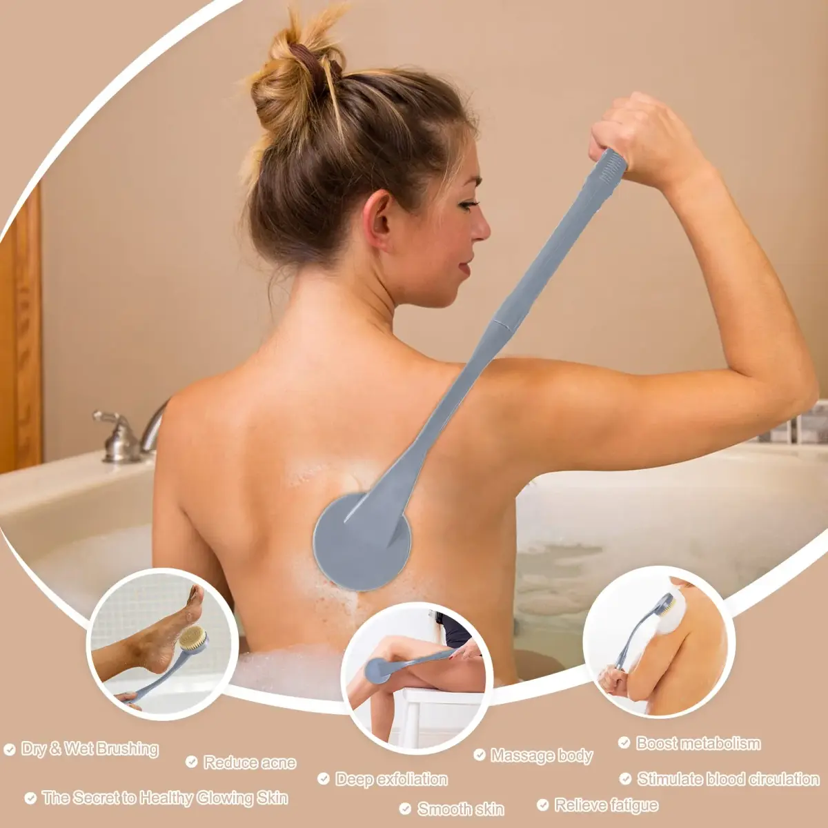 BTideas Long Handle Back Brush 52 cm (20.5") | Natural Stiff Bristles for Exfoliation & Improved Skin Health - view 3