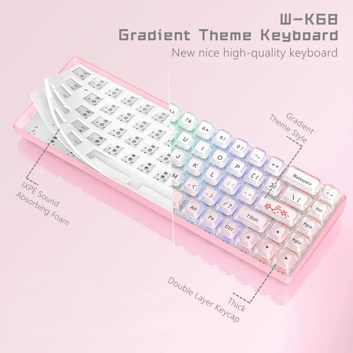 Womier WK68-Pink Mechanical RGB Wired Gaming Keyboard - 61 Keys Hot-Swappable Linear Red Switch, Pink - view 2