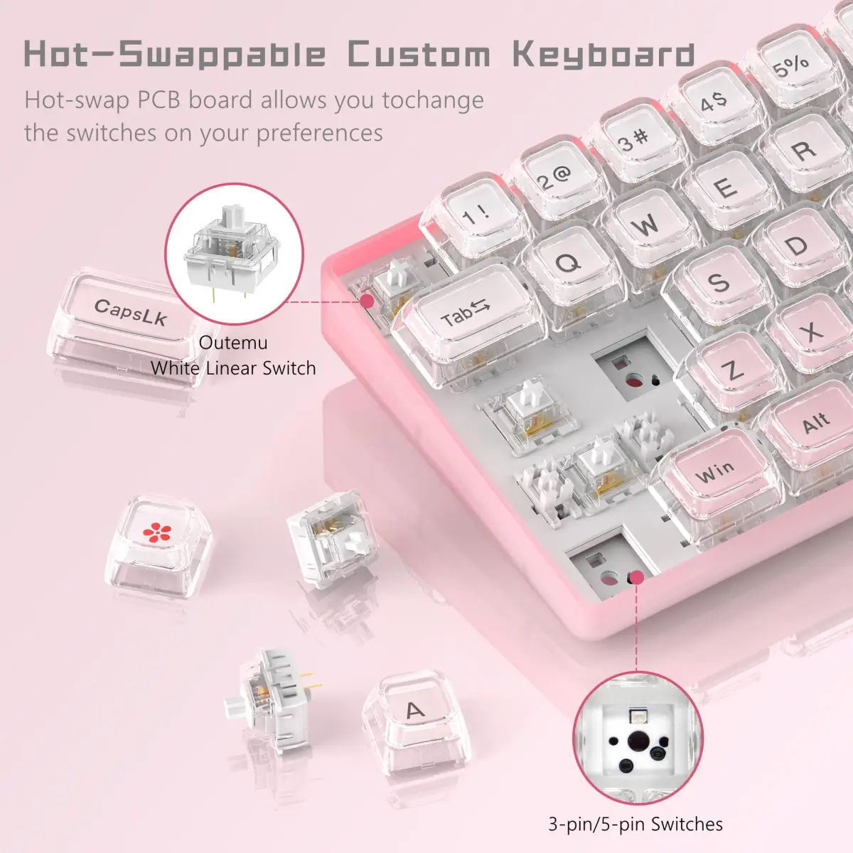 Womier WK68-Pink Mechanical RGB Wired Gaming Keyboard - 61 Keys Hot-Swappable Linear Red Switch, Pink - view 3