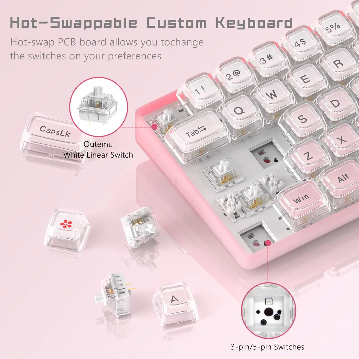 Womier 60% Keyboard Gaming Pink - Wired Pink Creamy Mechanical Keyboard | RGB Backlit, Hot-Swappable, 68 Keys - view 3