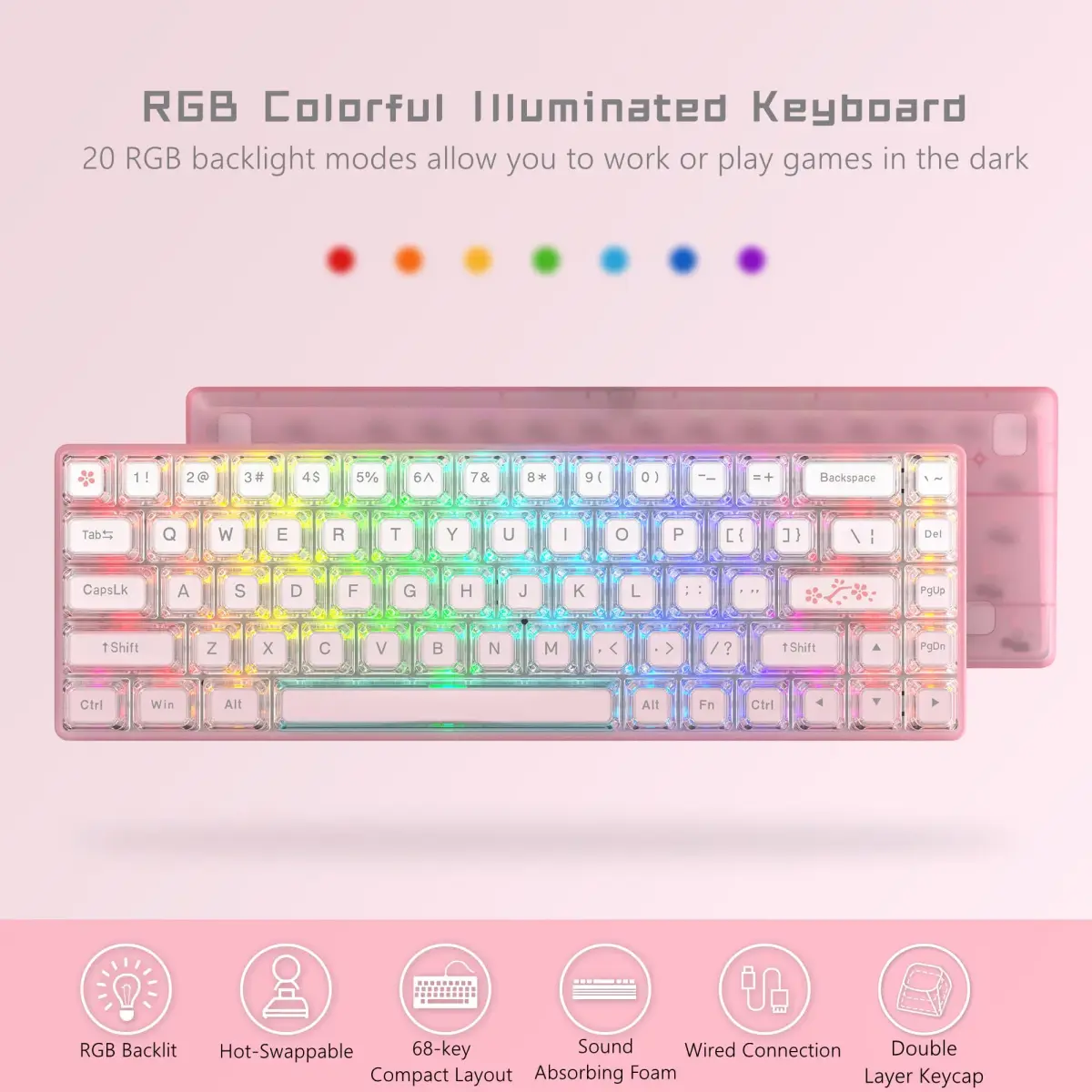 Womier WK68-Pink Mechanical RGB Wired Gaming Keyboard - 61 Keys Hot-Swappable Linear Red Switch, Pink - view 4