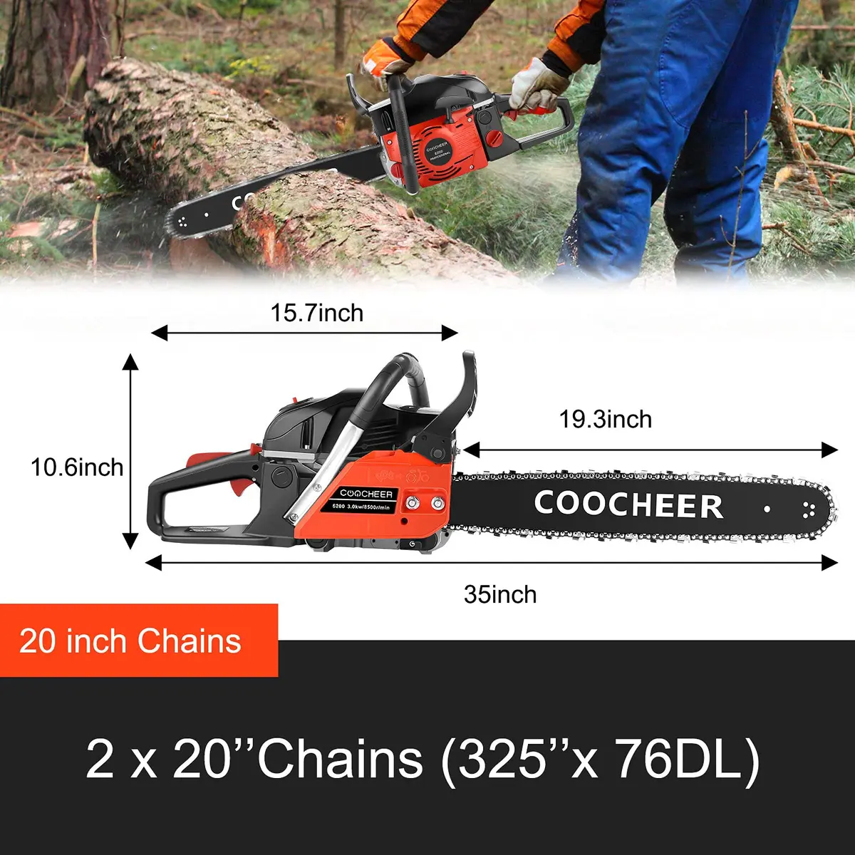 COOCHEER Gas Chainsaw 62CC 20 inch | 3.5HP Gas Powered Chainsaw for Garden & Farm - view 2