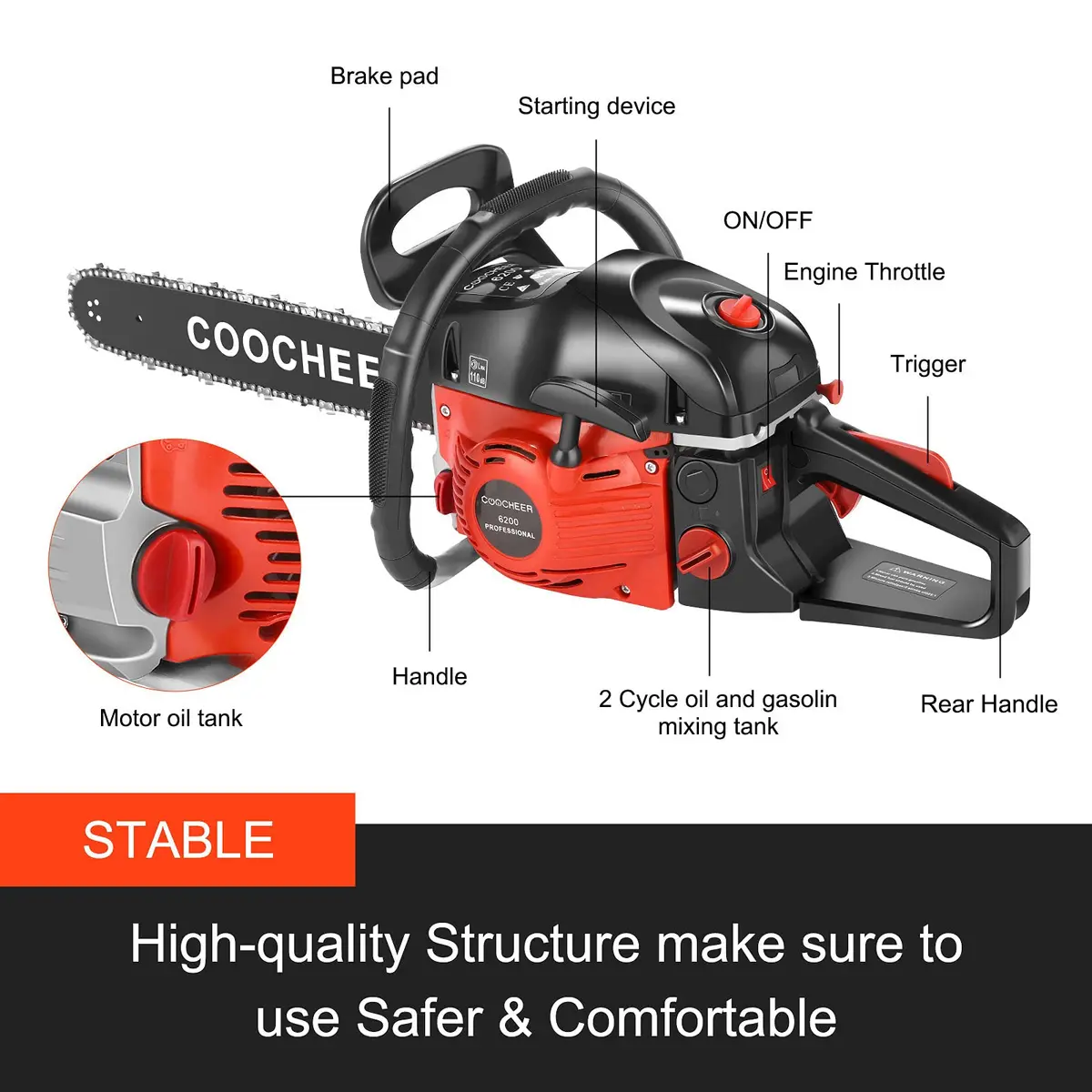 COOCHEER Gas Chainsaw 62CC 20 inch | 3.5HP Gas Powered Chainsaw for Garden & Farm - view 3