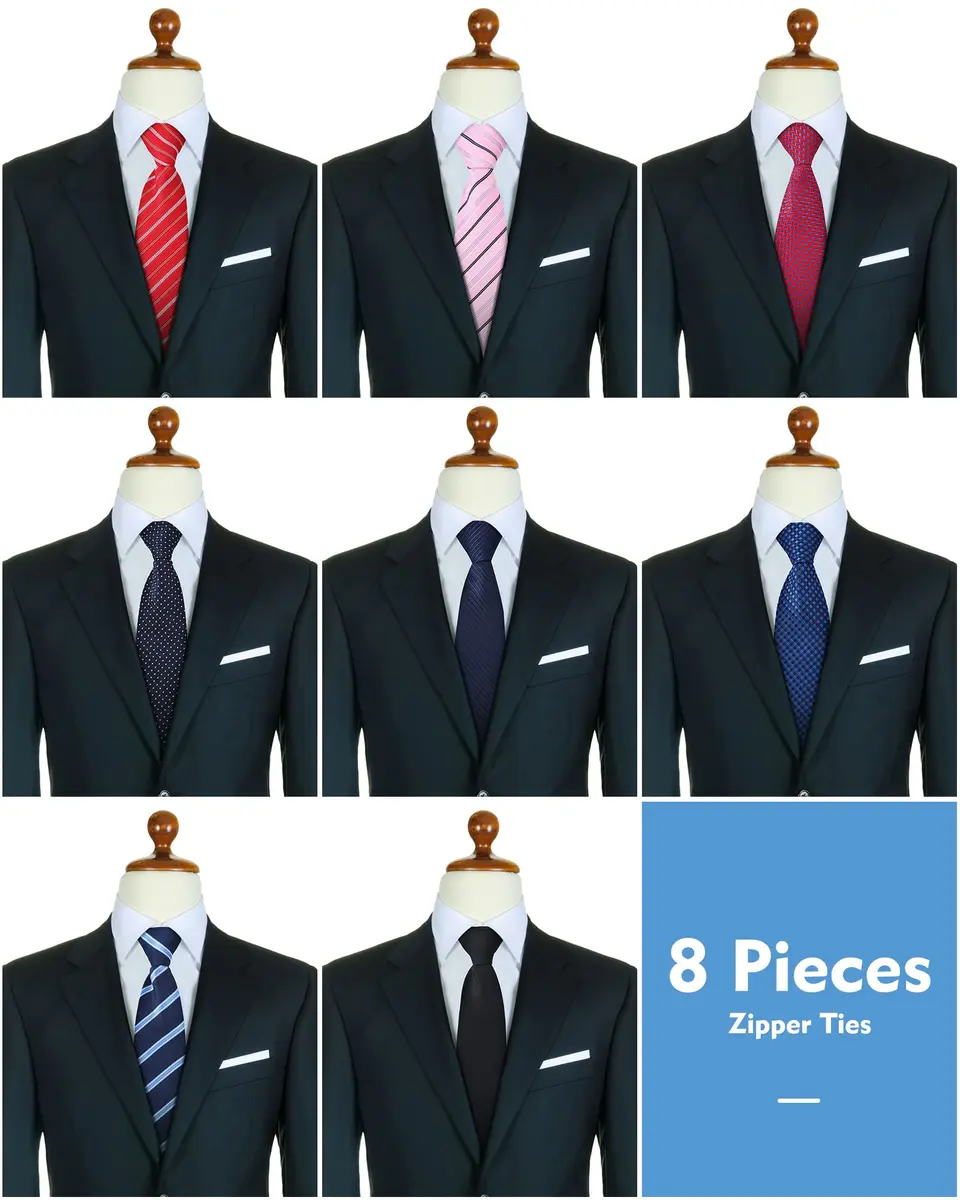 Geyoga Zipper Ties for Men 8 Pack | Adjustable Pre Tied Silky Neckties for Business & Wedding - view 2