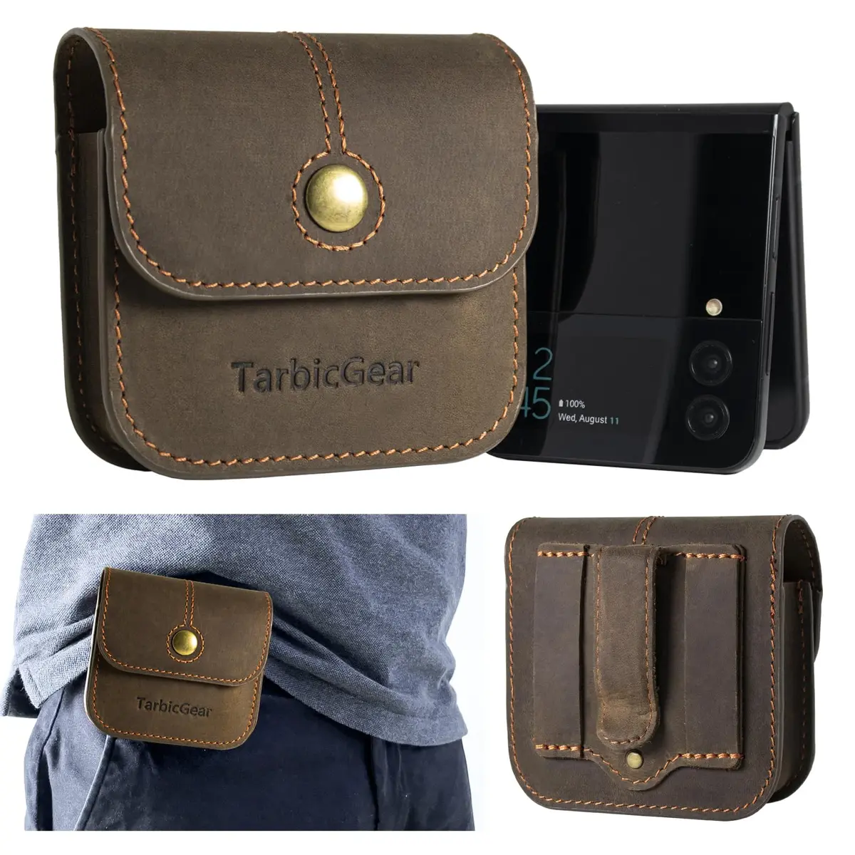 TarbicGear Leather Holster for Samsung Z Flip Series & Motorola Razr, Belt Clip & Card Holder, Brown | 360° Protection - main product image