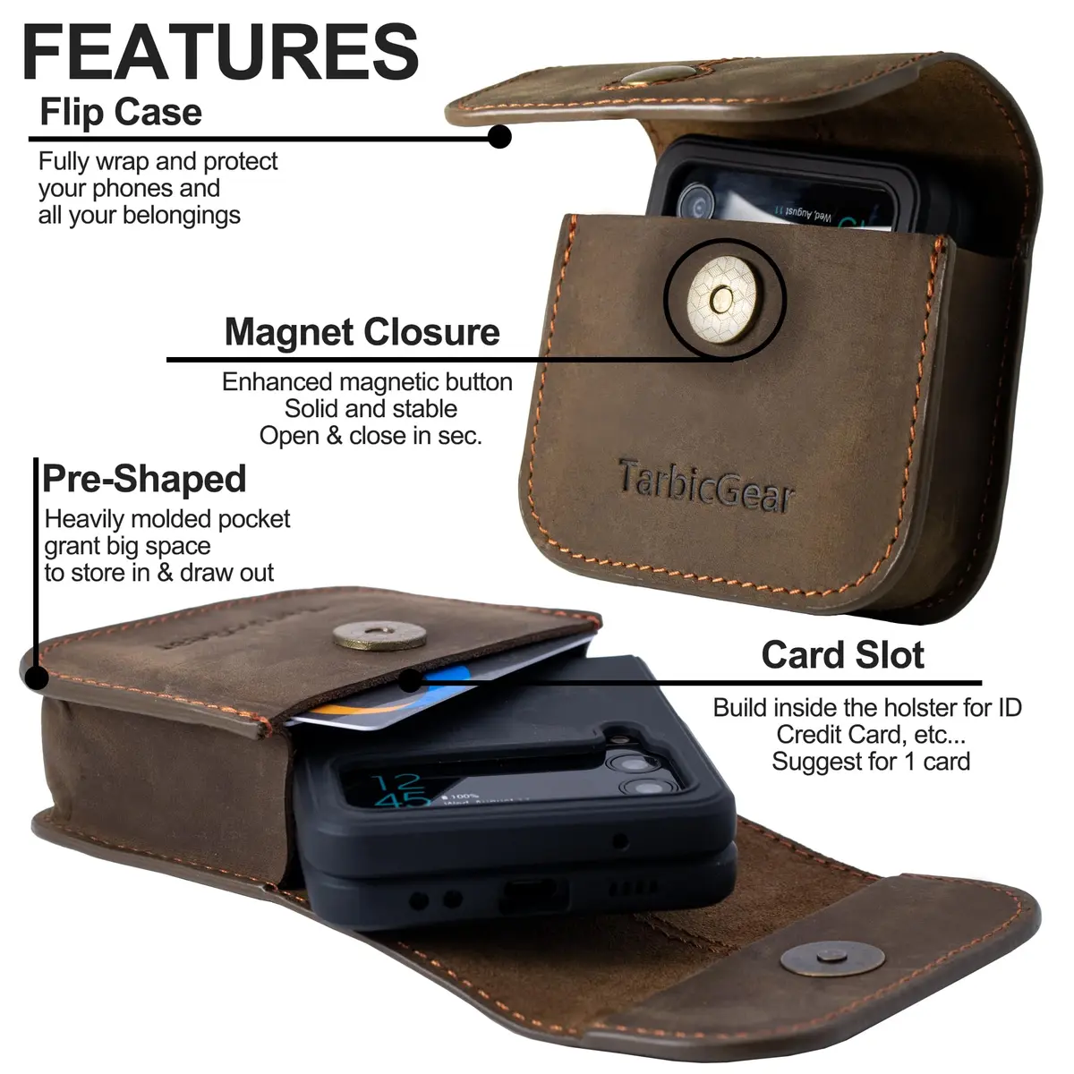 TarbicGear Leather Holster for Samsung Z Flip Series & Motorola Razr, Belt Clip & Card Holder, Brown | 360° Protection - view 5