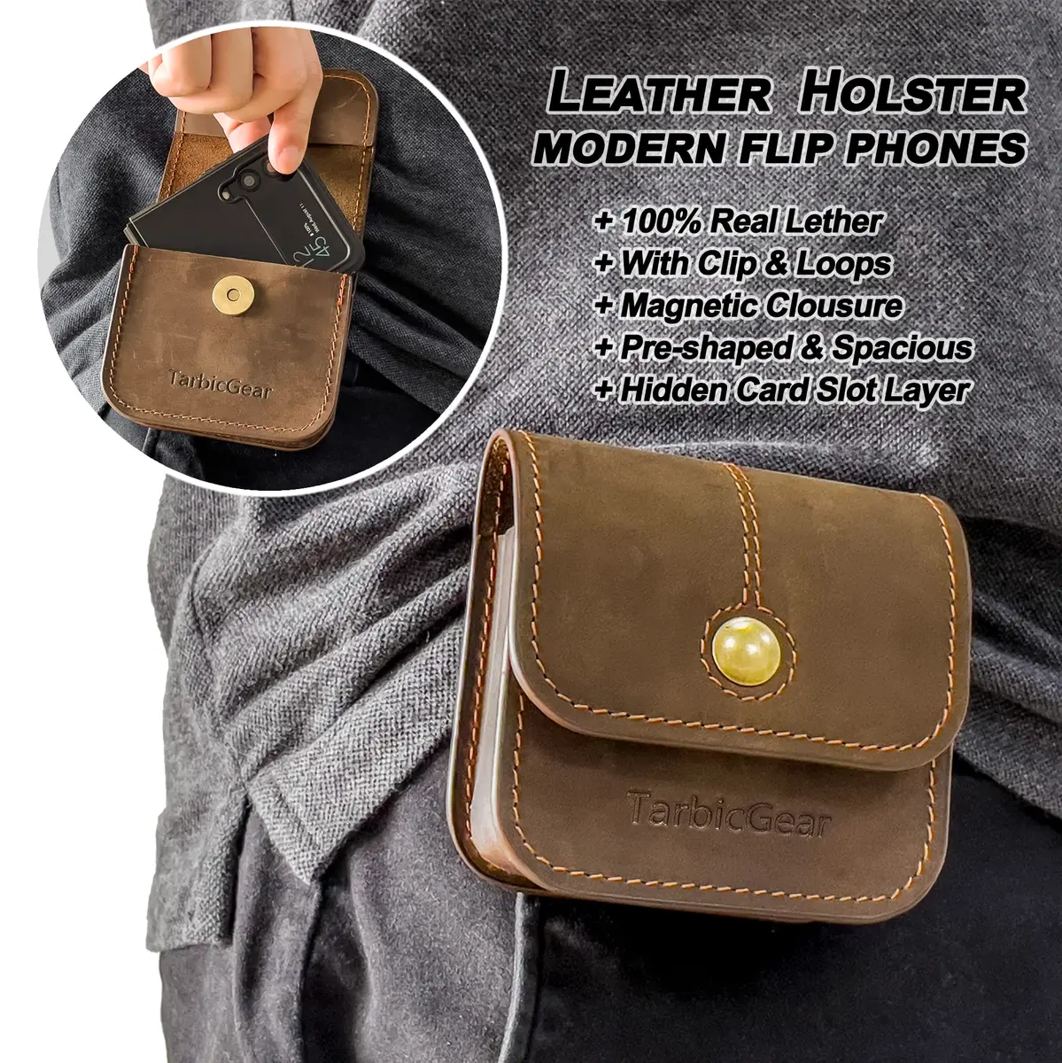 TarbicGear Leather Holster for Samsung Z Flip Series & Motorola Razr, Belt Clip & Card Holder, Brown | 360° Protection - view 2