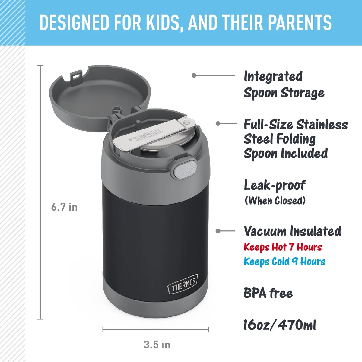 THERMOS FUNTAINER Food Jar with Spoon, 16oz (473ml) Matte Charcoal | Keeps Food Hot 7 Hrs, Cold 9 Hrs - view 2