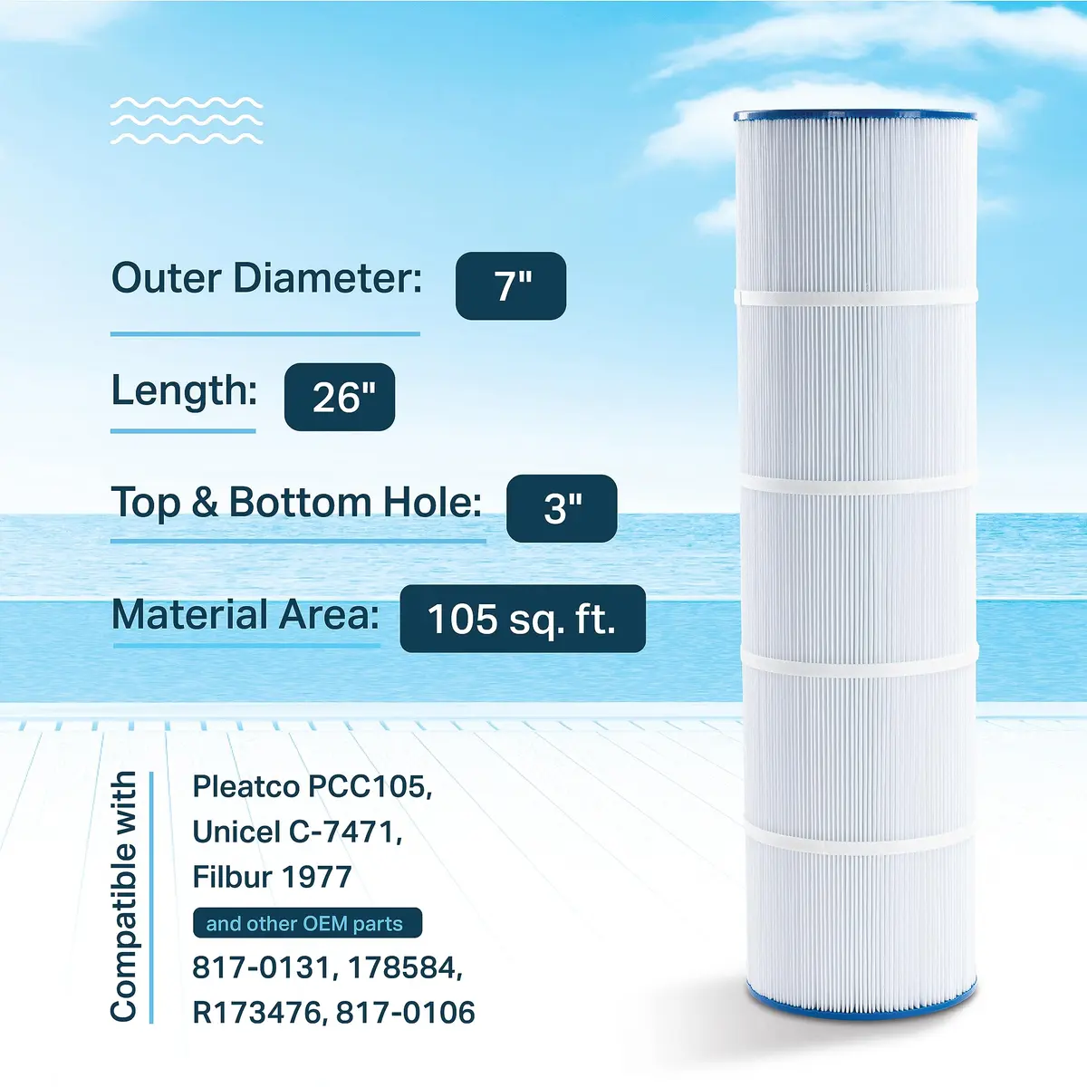 Mist Pool Filter Replacement 7" x 26" | Compatible with Pentair 420 & More, 105 sq ft - view 2
