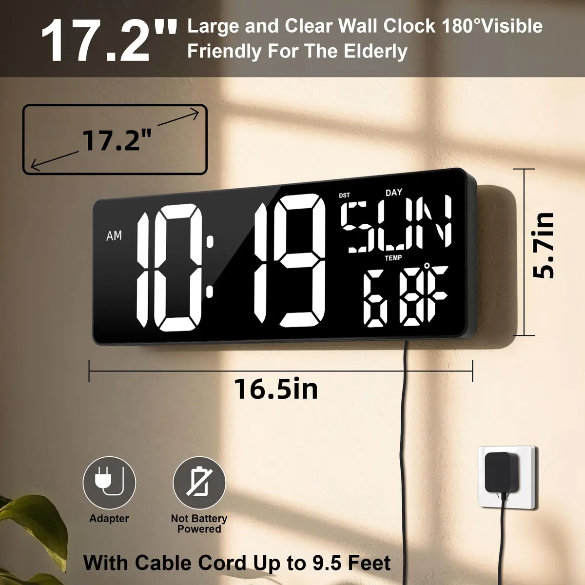 CYMHCHL 17.2" Large LED Digital Wall Clock with Remote & Timer | 43.7 cm (17.2 Inch) White - view 2